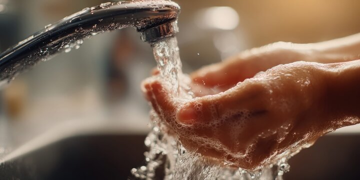 Close-up of hands being washed under running water with soap bubbles
