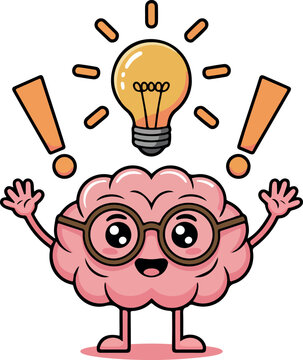 Cute happy human brain character in glasses with glowing lightbulb, smart idea concept, funny cartoon mascot, creative thinking vector illustration
