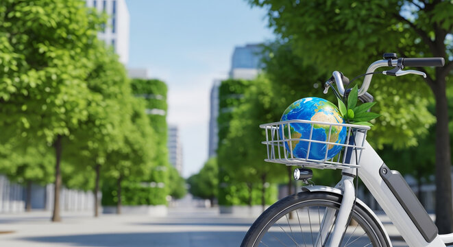 Earth Day Sustainable Transport Concept. Electric Bicycle with Globe and Green Leaves in City Park Background. Copy Space for Text.