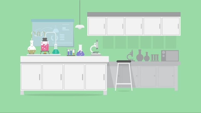 Animated Flat Design Laboratory Scene with Beakers Microscopes and Scientific Equipment on