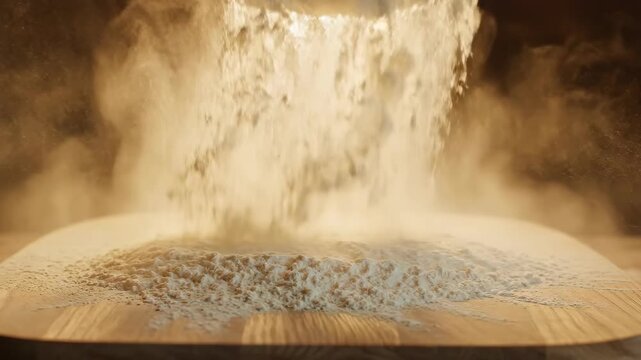 Dynamic close up flour explosion during cooking. white powder cloud set to erupt with beautiful, messy energy against dark background
