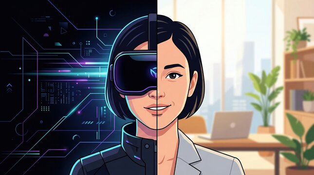 Split illustration shows woman in VR headset and bright office. It explores the concept of the metaverse and work life balance. Useful for tech, lifestyle, and business content.