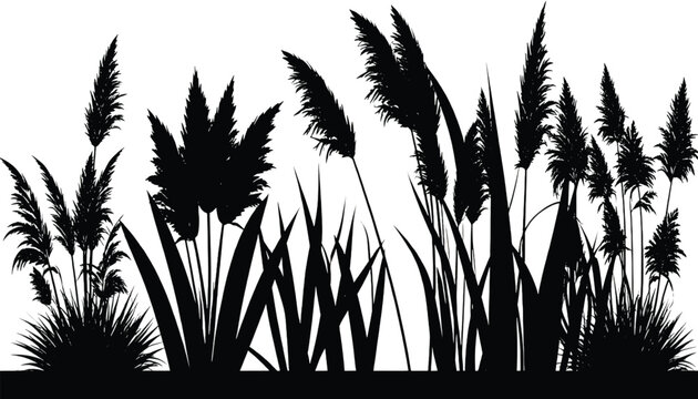 Silhouette of a bird perched among tall grasses in a field