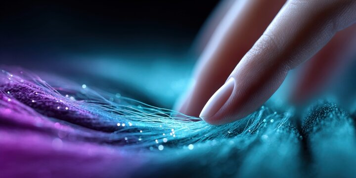 Macro shot of a finger touching glowing fiber optic strands with bokeh effect