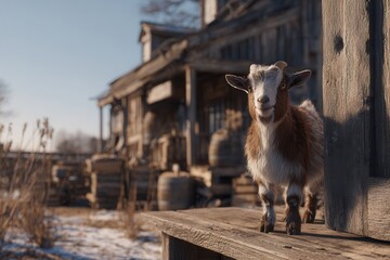 Obraz premium Young goat standing on a rustic wooden porch in front of an old farm building