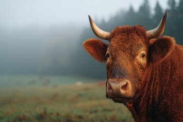 Naklejka premium Brown horned cow looking at camera on a misty field with forest in background