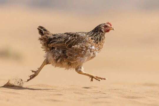 A brown hen running across sandy terrain with dust kicked up by its feet