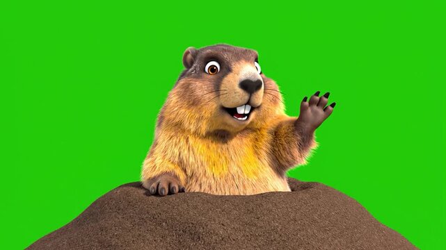 A cheerful cartoon groundhog emerges from its burrow against a vibrant green background