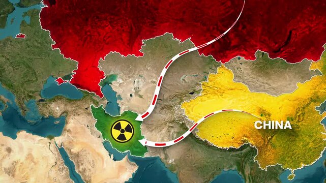 Geopolitical map animation showing Russia, China, Iran, and a nuclear symbol video