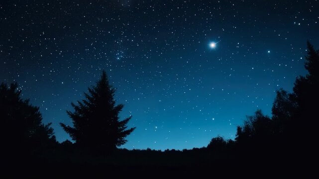 Night sky filled with stars and bright planet above silhouette of trees