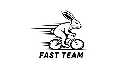 Obraz premium Rabbit riding bicycle, fast speed, motion blur, black and white logo