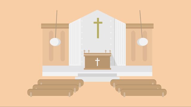 Minimalist Funeral Chapel Interior with Coffin and Pews Flat Design Religious Ceremony Setting