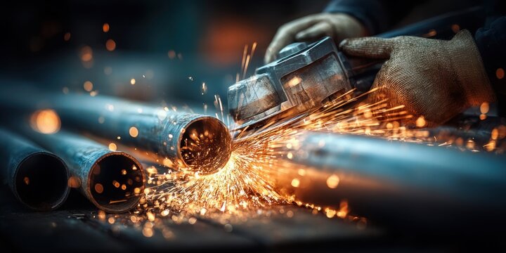Close-up of a worker using an angle grinder to cut metal pipes, creating sparks