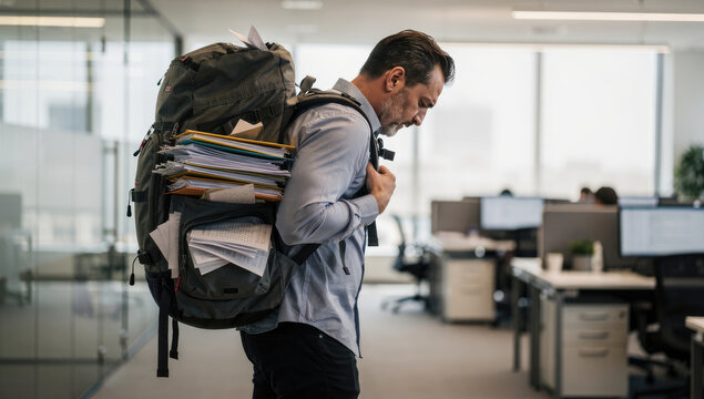 Photorealistic Image of an Office Worker Carrying a Heavy Backpack Overflowing with Paperwork to Symbolize Workload and Stress