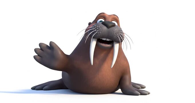 Cute and friendly cartoon walrus with tusks and a happy expression, waving its flipper on an isolated white background, conveying a cheerful mood.