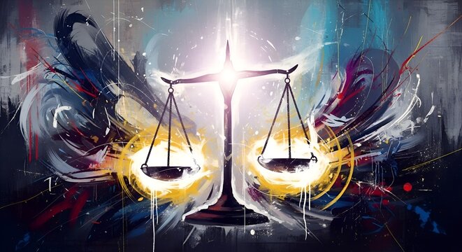 Abstract Scales of Justice with Colorful Paint Splashes and Light Effects