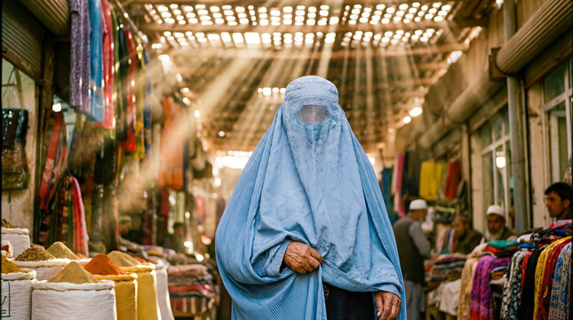 Afghan woman blue burqa front view in vibrant spice bazaar light rays streaming down dramatic cultural portrait traditional modest Islamic dress lifestyle market shopping authentic heritage scene