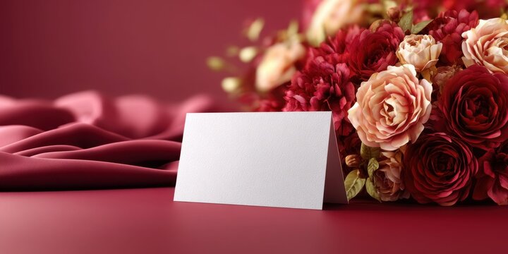 Blank greeting card with elegant floral arrangement and luxurious fabric backdrop