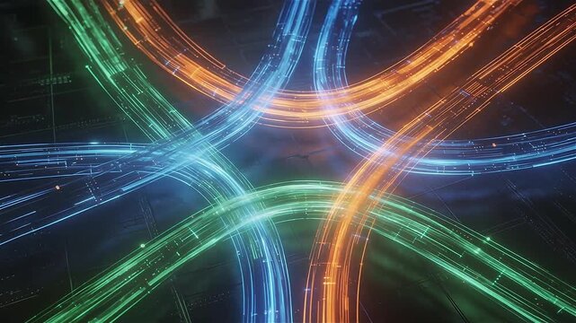 Complex intersection of multiple data streams crossing in different directions without collision, glowing lines weaving smoothly, color-coded flows (blue, orange, green), top-down perspective