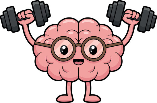Funny cartoon brain lifting dumbbells, cute fitness mascot character, mental strength concept, gym workout exercise, healthy mind vector illustration