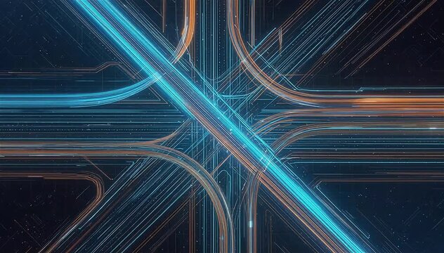 Complex intersection of multiple data streams crossing in different directions without collision, glowing lines weaving smoothly, color-coded flows (blue, orange, green), top-down perspective