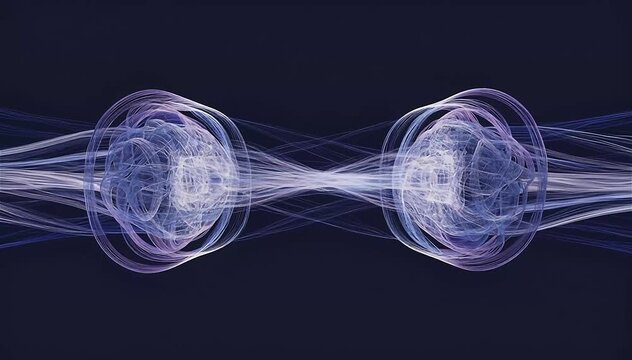 Two identical glowing structures exchanging synchronized streams of data in real time, mirrored motion and perfect alignment, subtle pulsing signals between them, blue and violet tones