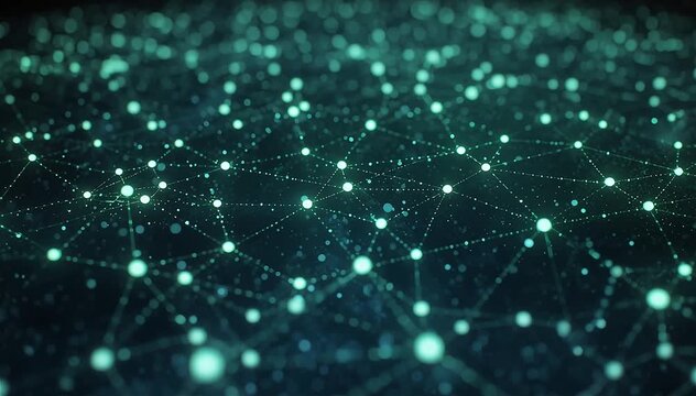 Distributed network of small glowing nodes connected across a wide space, data moving between nodes locally instead of a central hub, soft green and blue tones, smooth decentralized motion
