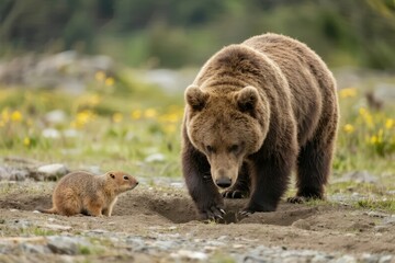 Fototapeta premium A brown bear walks near a small rodent in a grassy field with yellow flowers.