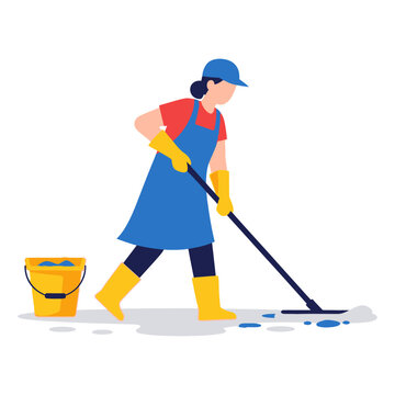 Hardworking professional cleaner meticulously mops wet floors, ensuring spotless hygiene standards