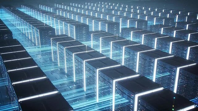 Abstract visualization of a massive data center with rows of glowing server structures, streams of light representing data flowing between racks, cool blue and white tones, slow camera drift