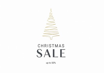 Fototapeta premium Gold Wire Christmas Tree Sketch With Festive Sale Typography Centered On Plain White Background