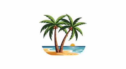 Obraz premium Two palm trees stand on a sandy beach beside a tranquil blue ocean at sunset