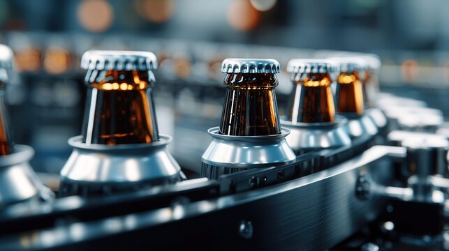 Automated bottling line for amber glass beer bottles on a conveyor belt
