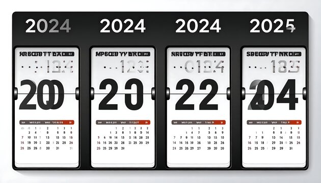 A digital calendar, comprised of four flipboard panels, showcasing the progression of dates across years, specifically 2024 and 2025