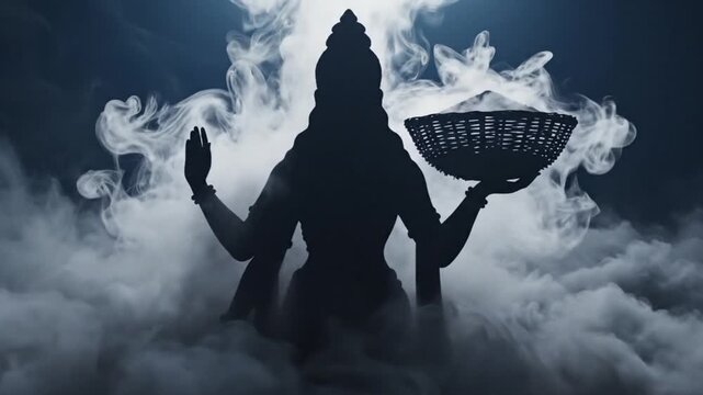 Dhumavati Jayanti, close-up of thick, swirling silver and charcoal smoke gradually forming the ethereal silhouette of Goddess Dhumavati holding a winnowing basket, 