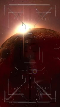 Futuristic heads-up display targeting red alien planet with sun flare. For sci-fi, gaming, or tech videos