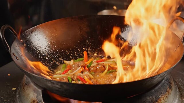 Exciting close up of professional chef cooking with intense fire. dramatic wok stir fry technique using high heat flame for Asian food