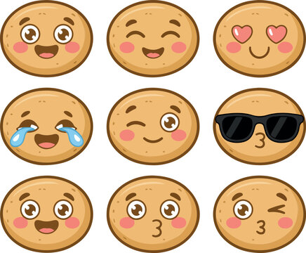 Cute happy potato character emoji set, funny smiling vegetable cartoon, playful food mascots, cheerful snack icons, kawaii vector illustration