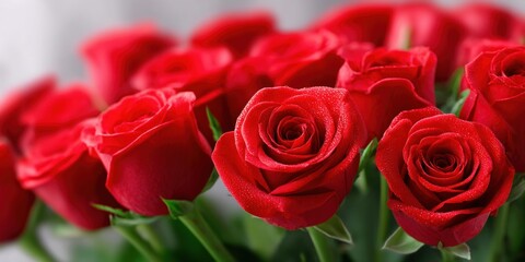 Obraz premium Close-up of a lush bouquet of vibrant red roses with dew drops, symbolizing love and romance