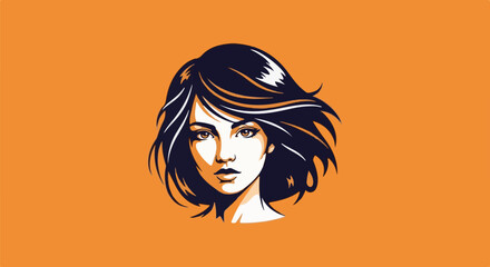 Stylized portrait of a woman with dark, windswept hair against an orange background