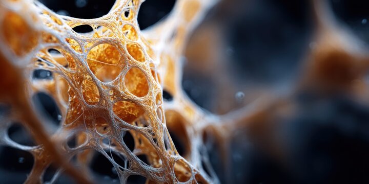 Abstract microscopic view of cellular structure with intricate network and golden spheres