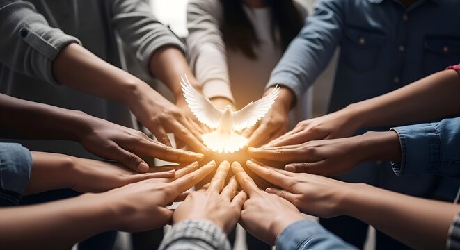 Diverse Hands Unite, Embracing Spiritual Light and Dove Symbol