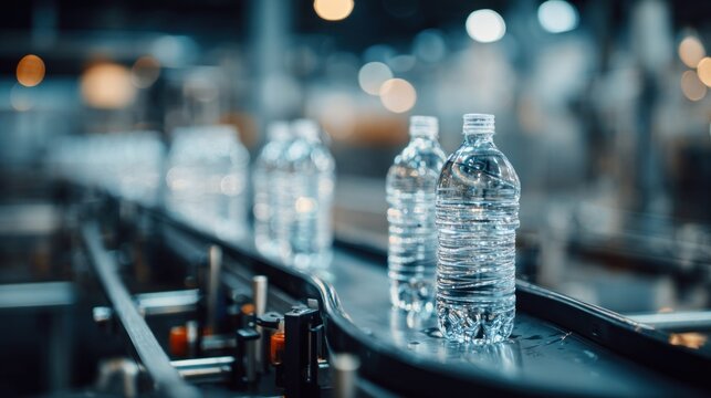 Bottles of clear water moving along a conveyor belt in a modern factory setting