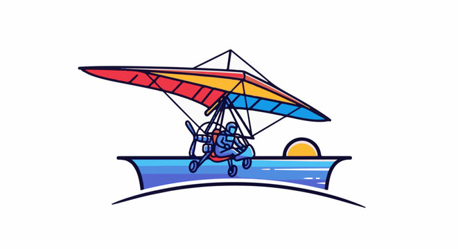 Tri-colored hang glider with pilot soars over blue water at sunset