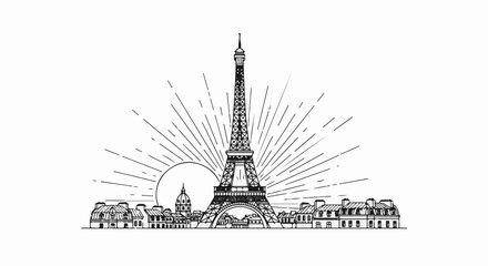 Stylized silhouette of Eiffel Tower with radiant sun and city skyline