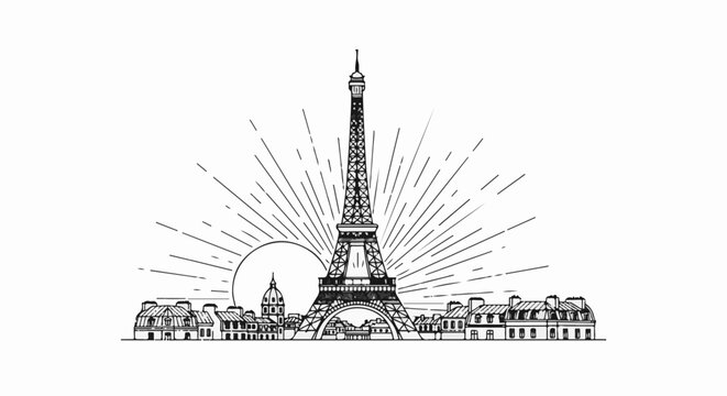 Stylized silhouette of Eiffel Tower with radiant sun and city skyline