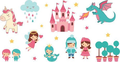 Fototapeta premium Cute fairy tale characters collection with unicorn dragon castle princess and kids cartoon vector illustration set