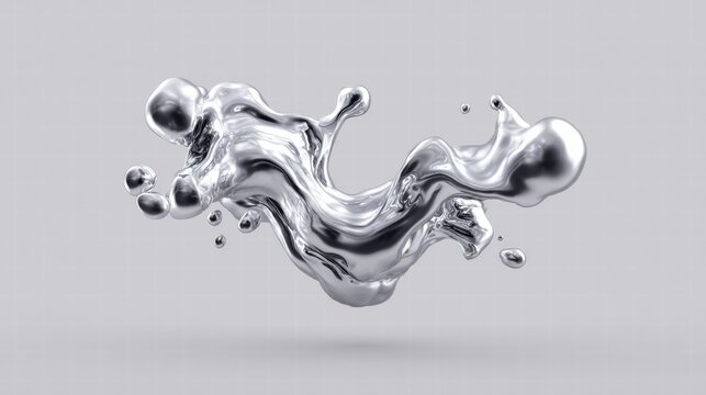 This striking image features a flowing silver liquid splash, set against a clean grey background.
