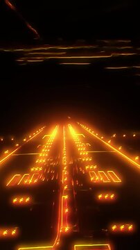 Vertical pov of airplane landing on runway with golden glowing edges vfx in Milan, Italy