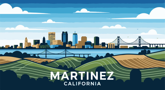 Stylized pixel art cityscape with bridges, rolling hills, and text